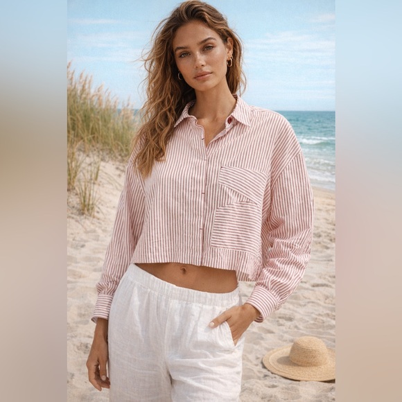 KOTN Tops - KOTN Striped Button-Up Cropped Egyptian Cotton Long Sleeve Striped Shirt XL